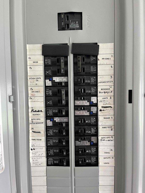 Completed comprehensive HVAC replacement estimate for residential property with non-functioning air conditioning system. Assessed existing dark gray condenser unit positioned on concrete pad adjacent to brick exterior, evaluated electrical service including main panel with dual breaker columns controlling various household circuits including dedicated AC condenser circuit, and inspected associated components including meter housing, service panel box, gray conduit runs, and white PVC condensate drainage line. Documented all equipment specifications, electrical infrastructure capacity, mounting configurations, and replacement requirements through detailed photographic documentation to provide homeowner with complete system replacement options.