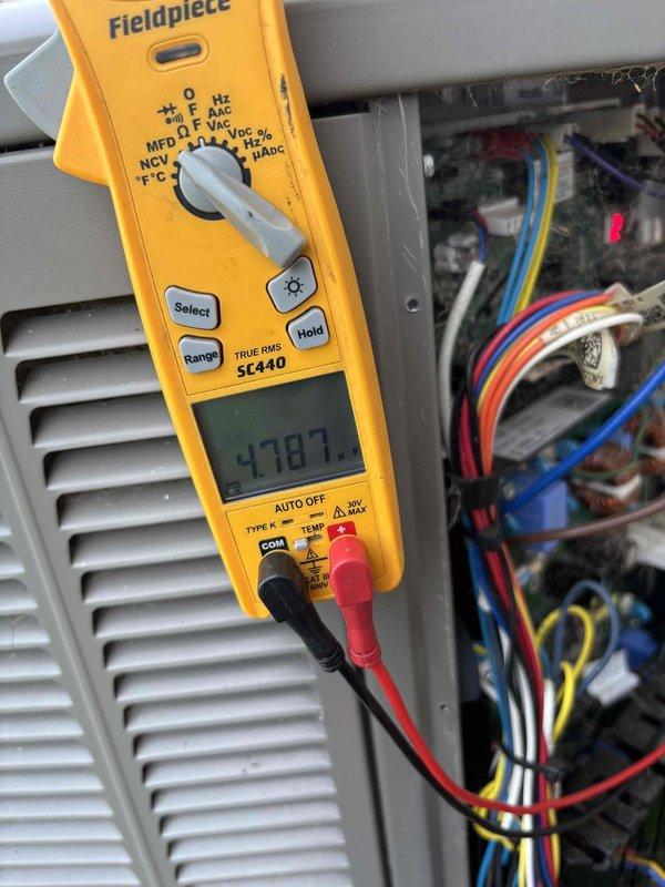 Completed comprehensive AC tune-up on 2-year-old residential cooling system with no reported issues. Performed electrical diagnostics using Fieldpiece SC440 multimeter to verify system voltage and capacitance readings at the control board, confirming all electrical components operating within manufacturer specifications. Conducted full visual inspection of outdoor condenser unit, checked refrigerant lines, replaced air filters, and verified proper fan operation and airflow throughout the system.