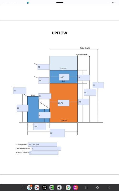 Responded to no cooling complaint for 30+ year old system serving garage area used by Food Pantry. Upon arrival, confirmed airflow present with no ice buildup on evaporator coil. Thermostat set to 80°F but space temperature measured 84°F and rising. Inspected upflow air handler unit and associated ductwork in basement utility area. Evaluated system performance and documented existing equipment configuration including furnace, evaporator coil, and plenum assembly. Photographed installation for reference including equipment nameplate data and system schematic showing upflow configuration with measurements. Assessed refrigerant lines, ductwork connections, and overall system condition given advanced age of equipment. System demonstrated inadequate cooling capacity for space requirements.