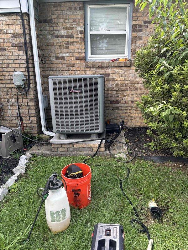 Completed annual Platinum Level maintenance on single Amana HVAC system for residential property. Performed comprehensive inspection of outdoor condensing unit, which showed significant dust and dirt accumulation on condenser coils and grille panels requiring thorough cleaning. Conducted full system diagnostics including refrigerant pressure checks, electrical component testing, and airflow verification to ensure optimal performance for new homeowner's first scheduled maintenance visit.