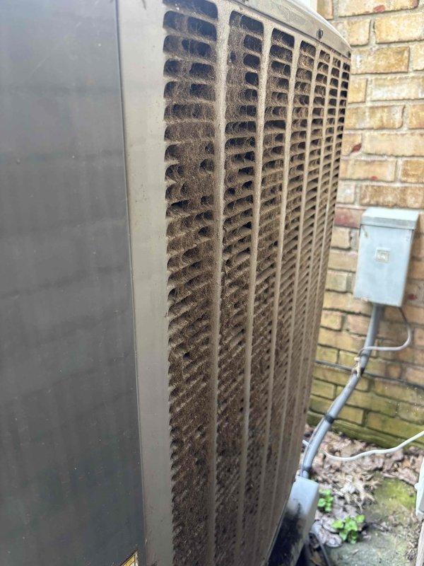 Completed annual Platinum Level maintenance on single Amana HVAC system for residential property. Performed comprehensive inspection of outdoor condensing unit, which showed significant dust and dirt accumulation on condenser coils and grille panels requiring thorough cleaning. Conducted full system diagnostics including refrigerant pressure checks, electrical component testing, and airflow verification to ensure optimal performance for new homeowner's first scheduled maintenance visit.
