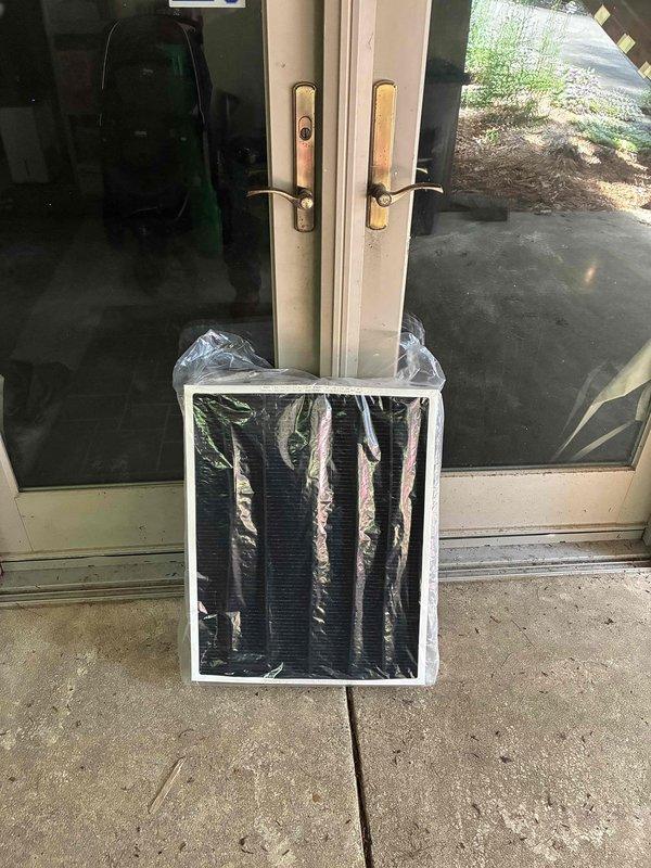 Delivered and dropped off HEPA air filter (20x25x5) as requested by homeowner. Filter was left at property entrance, photographed for documentation, and remains in protective packaging for homeowner installation.