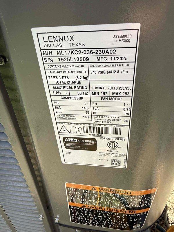 Completed full HVAC system installation consisting of a 3-ton, 17 SEER Lennox outdoor condensing unit (Model ML17KC2-036-230A02) paired with a 97% efficiency Lennox gas furnace and matching evaporator coil. The outdoor unit was factory-charged with R-454B refrigerant and installed per manufacturer specifications. Indoor equipment was mounted on a wooden platform in the utility closet, with the furnace positioned below the evaporator coil assembly. Installed complete condensate drain system using white PVC piping with proper trap configuration and routing. Connected metallic flexible supply duct from the furnace plenum and installed rigid metal return ductwork. Completed all electrical connections including dedicated disconnect and proper grounding. Verified system startup, confirmed proper airflow, checked refrigerant charge, and tested all safety controls for proper operation.
