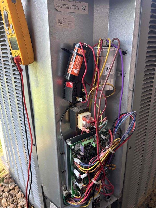Completed platinum level planned maintenance on a 5-year-old single HVAC system during initial service visit. Replaced 16x20x5 air filter and performed comprehensive system inspection including electrical diagnostics with digital multimeter, recording AC voltage readings of 23.71V at control panel. Inspected all electrical components within control enclosure including capacitor, relay, transformer, and control board, verifying proper wire connections and component functionality throughout the system.