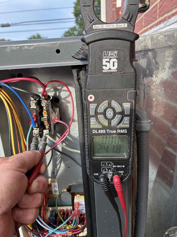 Completed scheduled monthly maintenance on a 3-year-old single HVAC system. Performed electrical diagnostics using clamp meter at outdoor disconnect panel, verifying proper amperage and voltage readings. Measured supply air temperature with infrared thermometer at register, confirming system performance within normal operating parameters. Replaced 16x20x4 air filter as part of routine maintenance protocol.