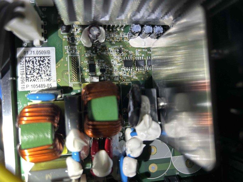Responded to no cooling complaint on residential HVAC system less than 10 years old. Upon inspection, diagnosed failed blower motor, motor controller, and control board assembly. Documented model and serial number information, photographed defective components including PCB with part number 71.0509/B P:105489-05, and submitted parts order request for blower motor, controller, and control board with estimated 90-minute repair time upon parts arrival.