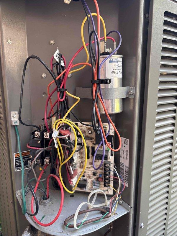 Completed comprehensive AC tune-up and preventive maintenance inspection on 3-year-old air conditioning system. Performed full system diagnostics including electrical component inspection, capacitor testing, and airflow measurements. Supply air temperature recorded at 56.1°F at register, indicating proper cooling performance. Inspected and verified proper operation of contactor, JARD capacitor, control board, and all electrical connections within condensing unit control panel. All wiring connections secure with no signs of degradation. System operating within normal parameters with no immediate service needs identified.