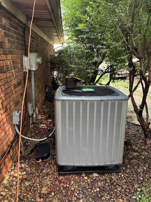 Completed Platinum Level planned maintenance on a 6-year-old single HVAC system including inspection of outdoor condenser unit and supply ductwork. Replaced 20x20x5 filter per monthly maintenance schedule, verified system temperature readings at supply duct registering 82.5°F, and inspected condenser unit exterior condition with debris removal from surrounding area as needed.