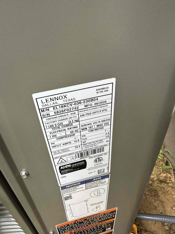 # HVAC Install - Complete System

Completed Day 2 of full system installation featuring a 3-ton Lennox EL18XC1CV-036-230B04 air conditioning condenser with 18 SEER efficiency rating paired with an 80% AFUE upflow gas furnace with fully modulating capabilities. The outdoor condenser unit was positioned on ground-level pad with proper clearances and secured connections. In the attic space, installed the air handler unit on wooden platform with appropriate structural support and connected flexible aluminum ductwork routing to existing distribution system. Ran electrical wiring from air handler to power source following code requirements. Installed fiberglass insulation around ductwork connections to maximize system efficiency. Verified all electrical connections at single-phase 230V power supply with proper amperage ratings per manufacturer specifications. System commissioning included verifying proper refrigerant charge, airflow measurements, and testing modulating furnace operation acro