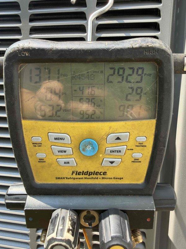 Completed installation of 2.5 ton Lennox 15.5 SEER2 heat pump system with Coleman air handler. System was commissioned with refrigerant manifold gauges showing proper pressures and temperatures, and Resideo smart thermostat (Model TH2320WF4010) was installed and configured for optimal operation.