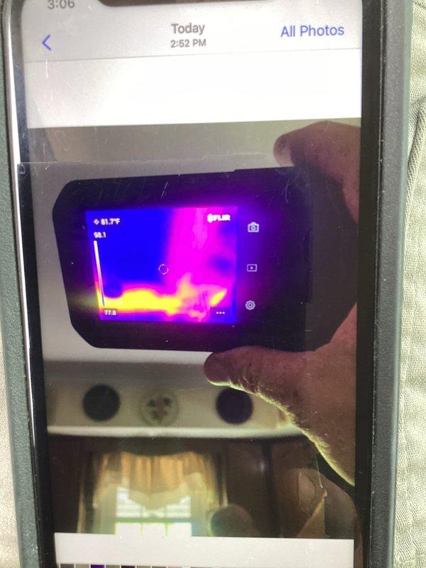 Responded to callback for system not maintaining setpoint, with thermostat set to 71°F but reading 77°F. Performed diagnostic evaluation and utilized thermal imaging camera to assess temperature differentials and identify potential airflow or refrigerant issues affecting system performance. Documented findings with thermal imagery showing temperature variations throughout the system. Issue remains under investigation to determine root cause of inadequate cooling capacity.