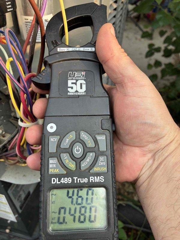 Completed scheduled preventative maintenance on air conditioning system as part of planned HVAC tune-up service. Performed comprehensive system inspection with no pre-existing issues or symptoms reported. Utilized digital clamp meter to verify electrical current readings, measuring 4.68 amps with 0.480 secondary reading, confirming proper compressor amperage draw within manufacturer specifications. Measured supply air temperature at 46°F using infrared thermometer at air handler unit, verifying adequate cooling performance and proper refrigerant charge. Inspected outdoor condensing unit components, indoor air handler, ductwork, and associated electrical connections. All system components operating within normal parameters with no deficiencies noted during inspection.