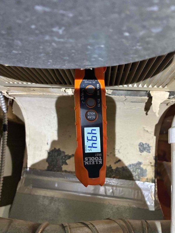 Completed scheduled preventative maintenance on air conditioning system as part of planned HVAC tune-up service. Performed comprehensive system inspection with no pre-existing issues or symptoms reported. Utilized digital clamp meter to verify electrical current readings, measuring 4.68 amps with 0.480 secondary reading, confirming proper compressor amperage draw within manufacturer specifications. Measured supply air temperature at 46°F using infrared thermometer at air handler unit, verifying adequate cooling performance and proper refrigerant charge. Inspected outdoor condensing unit components, indoor air handler, ductwork, and associated electrical connections. All system components operating within normal parameters with no deficiencies noted during inspection.
