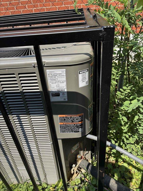 Completed dismissed visit for planned HVAC maintenance on single residential system. Verified outdoor condensing unit condition and accessibility within protective cage enclosure. System filter size confirmed as 16x25x4 for homeowner reference. Unit operational with no immediate service requirements identified during visual inspection.