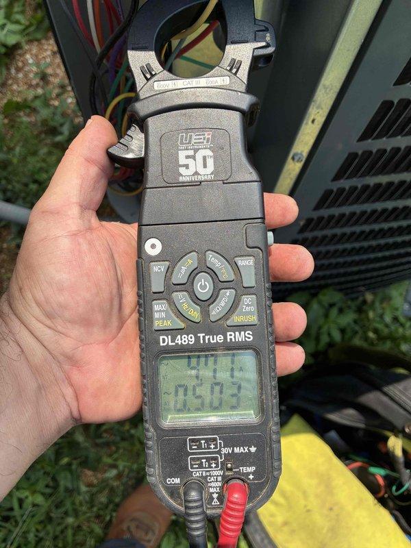 Responded to no cooling complaint on 3-year-old residential AC system with inadequate temperature output (66°F supply air versus expected 55°F). Upon arrival, performed diagnostic testing using digital clamp meter and infrared thermometer to measure electrical parameters and temperature differentials at the outdoor condensing unit. Verified system operation, recorded amperage draws, and documented supply air temperatures to identify cooling deficiency affecting the entire home.