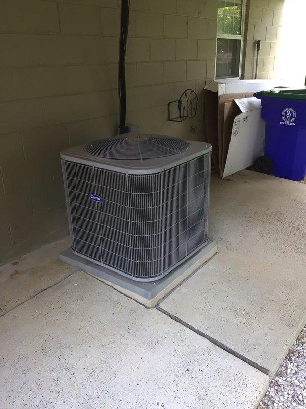 Completed scheduled preventive maintenance on residential Carrier split system HVAC equipment. Performed comprehensive AC tune-up including inspection of indoor furnace unit located in basement and outdoor condensing unit positioned on covered patio. Verified proper operation of all system components, checked refrigerant lines, inspected condensate drainage system, and confirmed equipment is functioning within manufacturer specifications. No issues identified during inspection. System operational and ready for continued service.