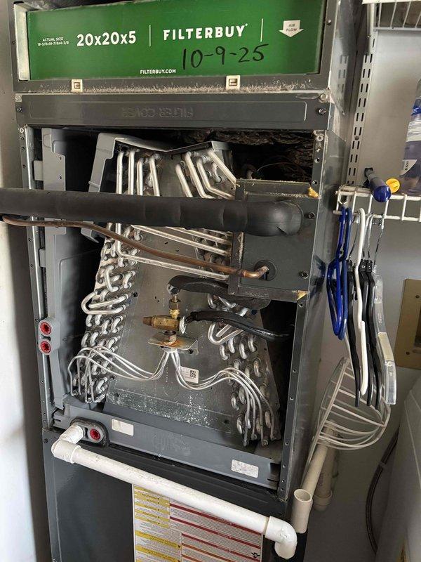 Completed scheduled planned duo maintenance on two 6-year-old HVAC systems. Performed comprehensive inspection of both units, including evaporator coil examination, refrigerant line assessment, and condensate drain verification. Replaced 20x20x5 air filter and documented system conditions with photographic records showing all components operating within normal parameters.
