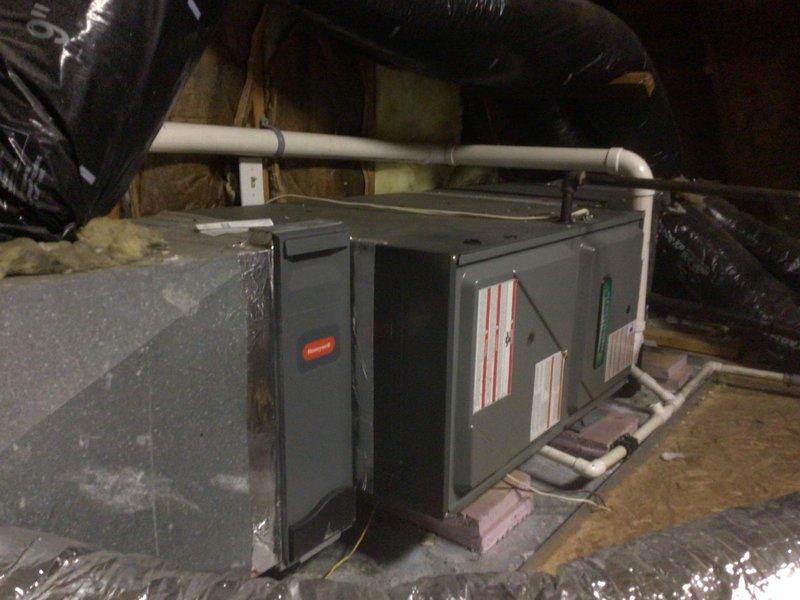 Completed scheduled planned maintenance on residential air conditioning system located in attic space. Performed comprehensive tune-up including inspection of air handling unit, verification of thermostat operation showing 72°F setpoint, checking refrigerant levels, cleaning condensate drain lines, inspecting electrical connections, and evaluating overall system performance. All components found operating within normal parameters with no immediate service needs identified.