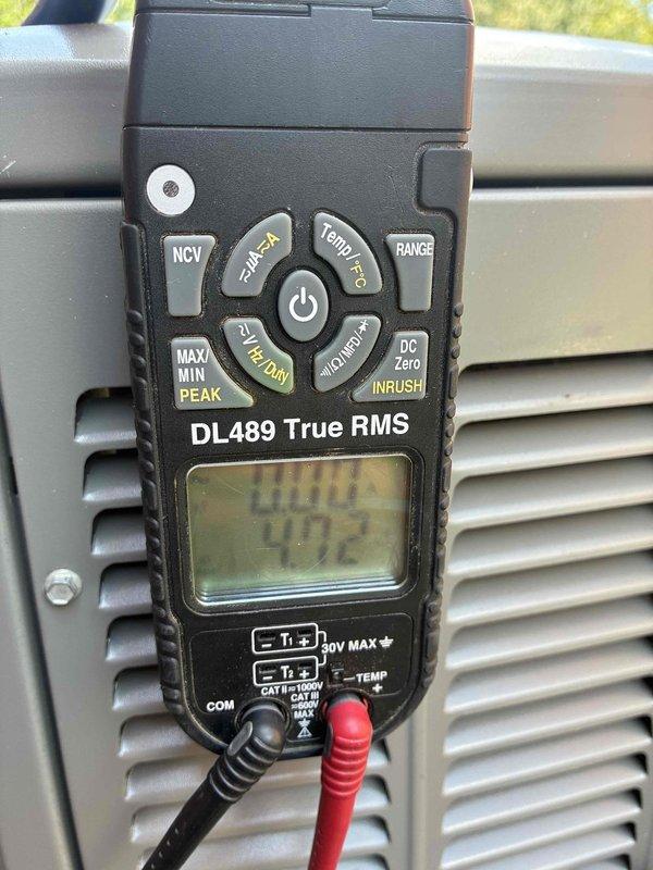 Completed annual Platinum Level maintenance on a 1-year-old HVAC system during the first scheduled visit. Performed comprehensive system inspection and diagnostics using professional-grade testing equipment. Replaced 16x25x5 air filter as part of routine maintenance protocol. Utilized Klein Tools digital measuring device to verify temperature differentials and system performance metrics across ductwork and components. Employed True RMS multimeter (DL489) to test electrical parameters including voltage, current, and system functionality to ensure optimal operation. All measurements recorded within manufacturer specifications. System operating efficiently with no deficiencies noted. Documented findings with photographic evidence for service records.