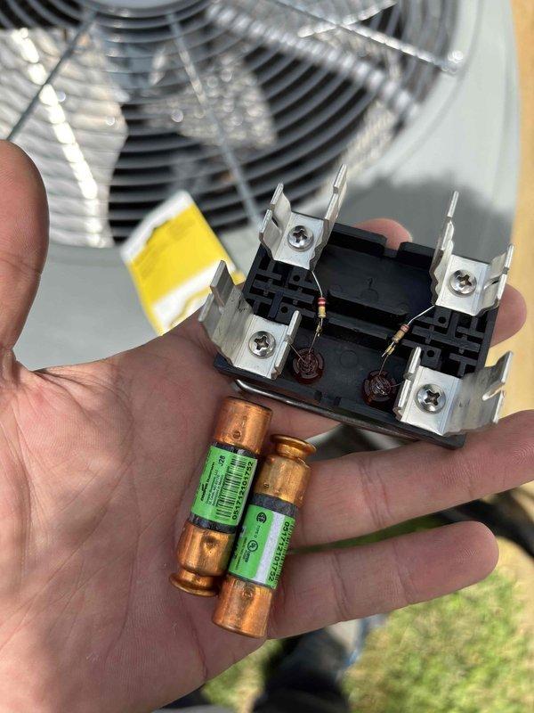 Responded to no cooling complaint on upstairs system in newer home. Upon inspection, discovered failed contactor and blown fuses in outdoor condensing unit preventing compressor operation. Replaced defective contactor relay and multiple fuses in fuse block assembly, restoring proper electrical function to compressor circuit. Changed neglected air filter in master bedroom return grille located approximately 12 feet high. Verified system operation with proper airflow, compressor engagement, and adequate cooling capacity. Unit now operating within normal parameters and maintaining setpoint temperature.