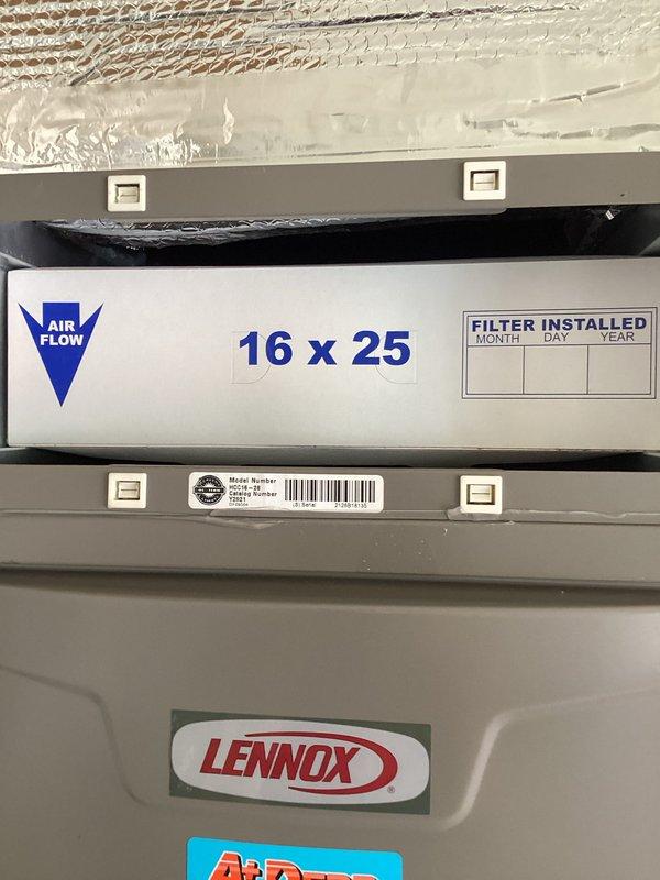 Completed Platinum Level maintenance on single-zone residential HVAC system with Lennox equipment. Installed new 16x25x5 air filter with proper airflow direction, verified system temperatures reading 79.5°F at supply, and documented filter installation for tracking purposes.