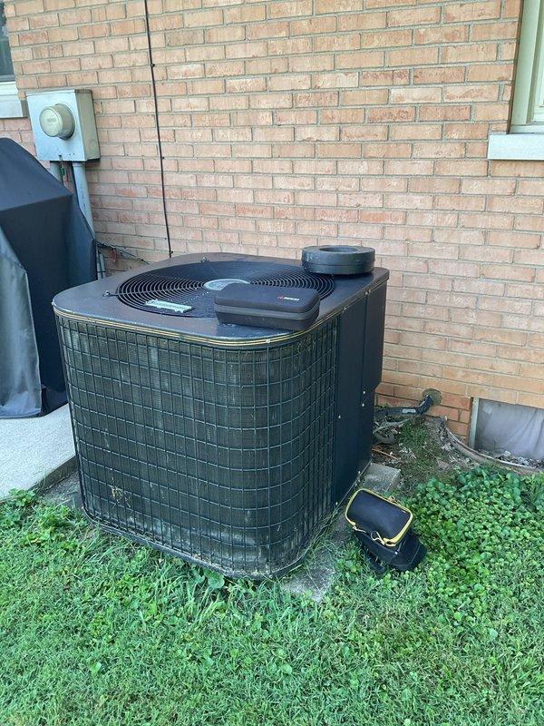 Completed first annual preventive maintenance visit for new Gold Level customer with single HVAC system aged 20+ years. Performed comprehensive inspection of indoor furnace unit located in basement mechanical room and outdoor condensing unit. Removed furnace access panel to inspect blower motor assembly, electrical connections, and internal components. Verified proper operation of all mechanical systems and examined PVC condensate drainage piping. Conducted exterior unit assessment including fan motor operation, condenser coil condition, and electrical disconnect functionality. Documented equipment condition through photographic record showing both indoor and outdoor units for service history reference.