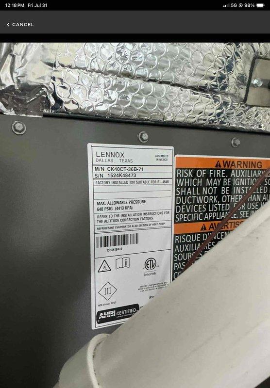 Performed planned maintenance inspection on Lennox model CK40CT-36B-71 HVAC system. During inspection, identified faulty indoor thermostatic expansion valve (TXV) requiring replacement and determined 16x25x4 air filter needs replacement. Documented equipment condition with photos of interior cabinet components, refrigerant lines, and manufacturer specifications, and submitted warranty part request for indoor TXV with estimated 2-hour repair time upon part arrival.