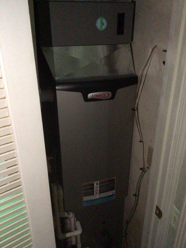 Completed monthly planned maintenance on a single-system residential HVAC installation consisting of a Lennox indoor air handler and outdoor condensing unit, both approximately two years old. Performed comprehensive system inspection including visual assessment of outdoor condenser unit condition, verified proper clearances and airflow around exterior equipment, and inspected indoor air handler installation within utility closet. Replaced 16x25x5 air filter as part of Gold Level maintenance program. Documented equipment condition through photographic records showing both indoor and outdoor components in good operating condition with no visible signs of deterioration or immediate service needs.