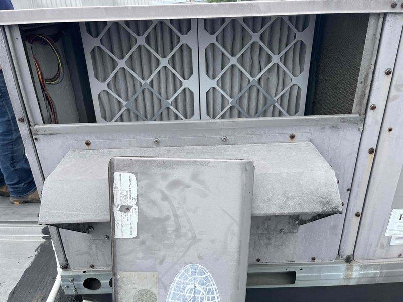 Completed Platinum Level maintenance on single HVAC system (11+ years old) during second annual visit. Inspected and photographed air filters in return air housing, documented filter sizes and replacement dates, and performed comprehensive system evaluation. Unit located fifth from Bell Road as specified, with all maintenance tasks completed per Platinum service protocol.