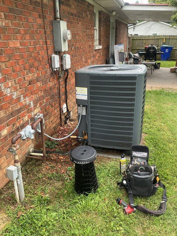 Responded to no cooling complaint on 6-7 year old residential HVAC system with inadequate airflow and indoor temperature reaching 77°F. Performed diagnostic evaluation of both indoor air handler unit and outdoor condensing unit. Identified system deficiency preventing proper cooling operation. Utilized recovery equipment and vacuum pump to service refrigerant circuit. Restored system to proper operating condition with adequate airflow and cooling capacity to maintain thermostat setpoint.