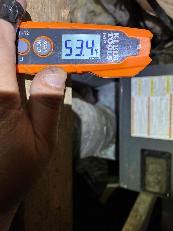 Completed Platinum Level maintenance on 6-year-old HVAC system. Performed comprehensive system inspection including temperature diagnostics using infrared thermometer, recording supply air temperature of 53.4°F at indoor unit. Conducted electrical testing at outdoor condenser unit using clamp meter, verifying voltage at 115.9V and amperage draw at 20.21A on system wiring. Replaced 16x20x4 air filter per monthly maintenance schedule. Inspected all electrical connections, refrigerant lines, and mechanical components. System operating within normal parameters with no deficiencies noted.