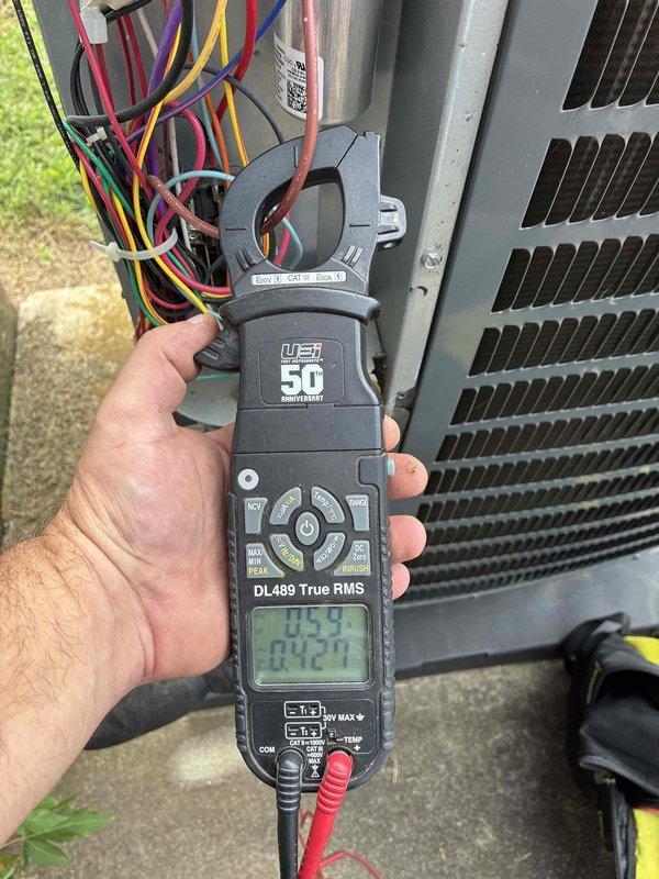 Completed Platinum Level maintenance on 6-year-old HVAC system. Performed comprehensive system inspection including temperature diagnostics using infrared thermometer, recording supply air temperature of 53.4°F at indoor unit. Conducted electrical testing at outdoor condenser unit using clamp meter, verifying voltage at 115.9V and amperage draw at 20.21A on system wiring. Replaced 16x20x4 air filter per monthly maintenance schedule. Inspected all electrical connections, refrigerant lines, and mechanical components. System operating within normal parameters with no deficiencies noted.