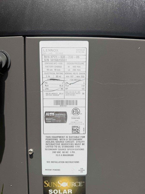 Responded to no cooling complaint on Lennox XP21-036-230-06 heat pump system. Diagnosed failed S40 control board preventing unit operation. Documented model and serial number information, confirmed HFC-410A refrigerant specifications, and photographed equipment nameplate for warranty part ordering with estimated 1-hour installation time upon part arrival.