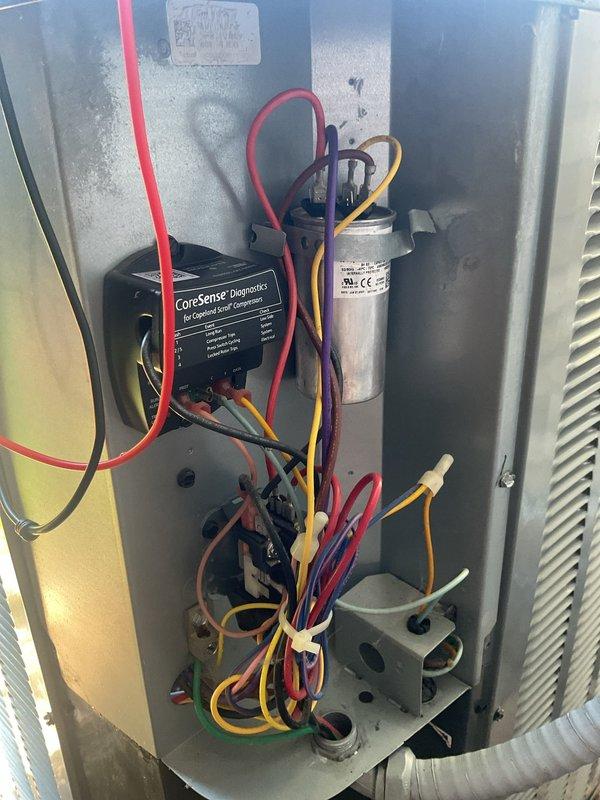 Completed second Platinum Level maintenance visit on 3-year-old single HVAC system. Performed comprehensive inspection of refrigerant evaporator unit (Aspen model CC42C44210R057, R-410A refrigerant with TXV installed). Replaced air filters including 20x25x4 and 20x25x1 polarized filters. Inspected electrical components including CoreSense Diagnostics module, capacitor, and associated wiring connections. All components found operating within normal parameters with proper wire routing and secure connections maintained throughout system.