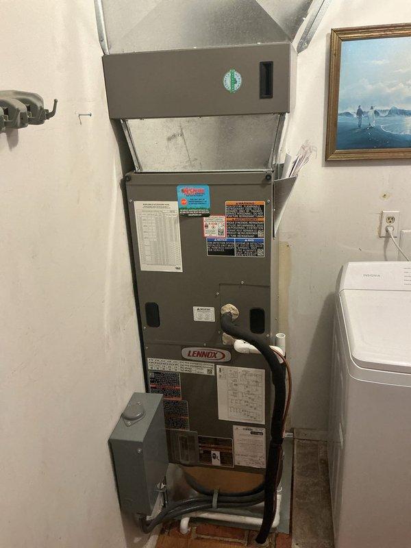 Completed scheduled preventative maintenance on residential Lennox split HVAC system. Performed comprehensive AC tune-up on outdoor condensing unit and indoor furnace/air handler located in utility closet. Inspected electrical connections at disconnect box, verified proper operation of condenser fan motor, checked refrigerant lines and insulation integrity, and evaluated overall system performance. Cleaned condenser coils, confirmed adequate clearance around outdoor unit, and tested system startup sequence. All components operating within normal parameters. System ready for continued service.