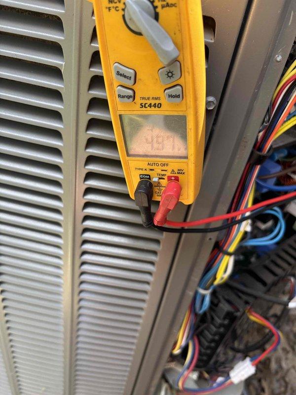 Completed monthly platinum-level maintenance on a 3-year-old HVAC system, including replacement of 16x25x5 filter, comprehensive system inspection, and electrical diagnostics using clamp meter to verify proper amperage and system performance. Documented exterior condensing unit condition showing weathered penetration through brick wall with deteriorated mortar and minor staining, and captured electrical readings at indoor air handler to confirm system operating within manufacturer specifications.