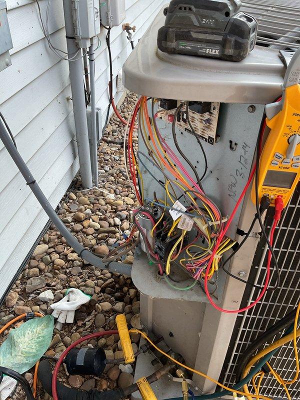 Responded to service call for system with no airflow. Diagnosed failed reversing valve solenoid (24V) on outdoor heat pump unit. Opened electrical disconnect box and tested control voltage circuits to confirm solenoid malfunction preventing system operation. Unit remains non-operational pending replacement part installation. Documented wiring configuration and component specifications with photos to expedite part ordering. Estimated repair time of 60 minutes once replacement solenoid arrives.