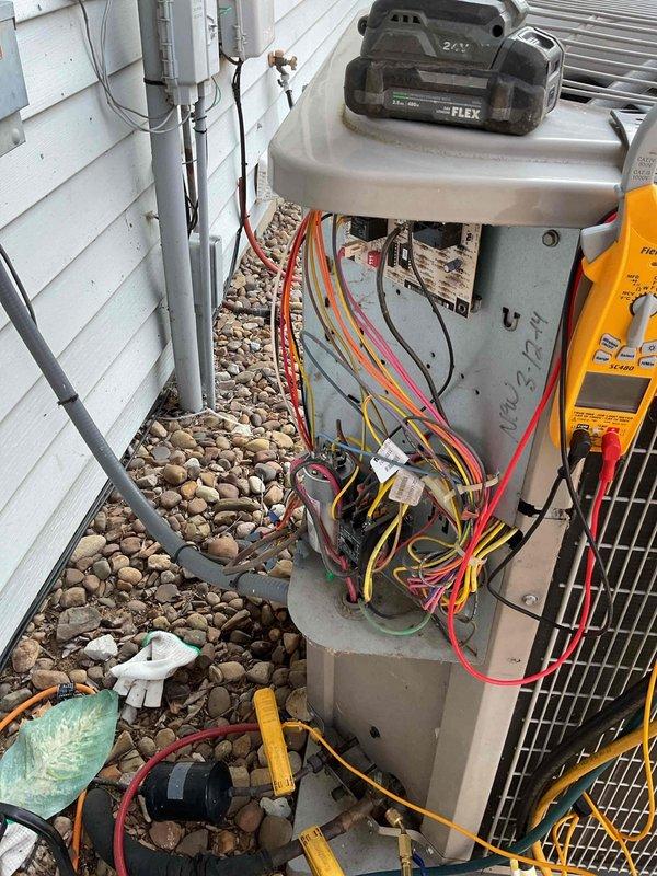 Responded to service call for system with no airflow. Diagnosed failed reversing valve solenoid (24V) on outdoor heat pump unit. Opened electrical disconnect box and tested control voltage circuits to confirm solenoid malfunction preventing system operation. Unit remains non-operational pending replacement part installation. Documented wiring configuration and component specifications with photos to expedite part ordering. Estimated repair time of 60 minutes once replacement solenoid arrives.