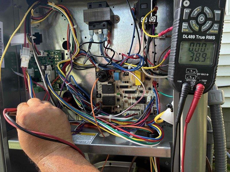 Completed planned maintenance visit on single-system HVAC unit for 1-year-old residential system with 20x20x5 filter configuration. Performed comprehensive electrical diagnostics using digital multimeter to verify system voltage, amperage, and control board functionality, documenting readings for service records. All electrical components, control board connections, and safety circuits tested and confirmed operational within manufacturer specifications.