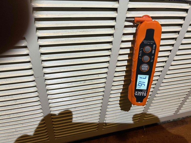 Completed scheduled AC tune-up and preventative maintenance on residential air conditioning system. Performed comprehensive system diagnostics including temperature differential measurements across supply and return grilles, recording 67°F supply air temperature and 38.7°F temperature reading at condensing unit. Conducted electrical current draw testing using digital clamp meter to verify compressor amperage within manufacturer specifications. Inspected all accessible components, confirmed proper system operation with no deficiencies noted, and documented findings with diagnostic photos for service records.