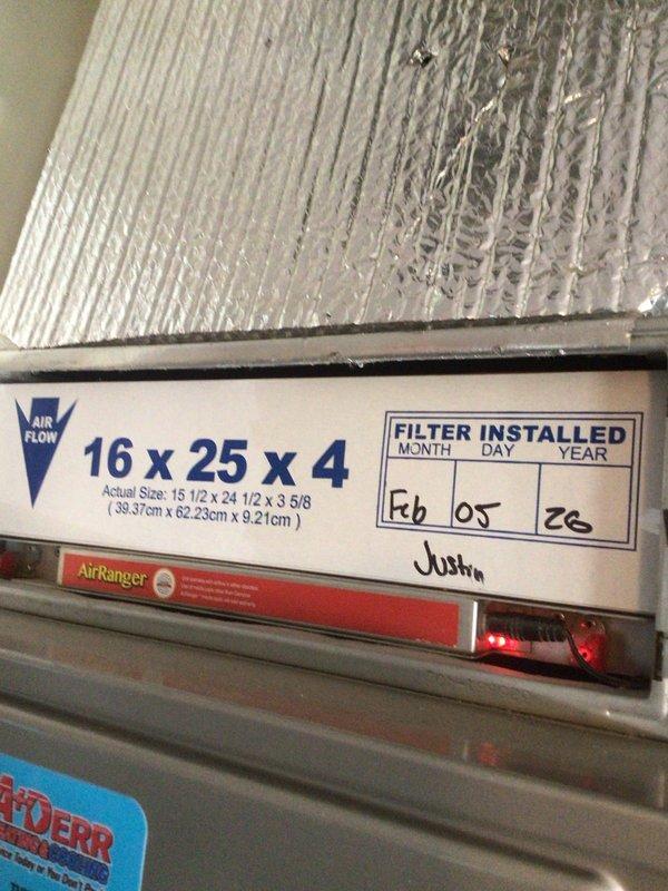 Completed annual Platinum Level maintenance on 10-year-old HVAC system per customer's expedited request. Performed comprehensive inspection of single system, replaced 16x25x4 air filter, and verified thermostat operation showing proper cooling mode function at 70°F setpoint with schedule programming active. All system components inspected and operating within normal parameters for first annual visit of service agreement.