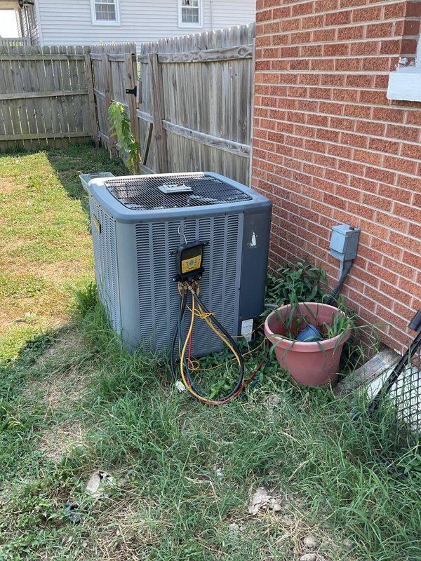 Responded to no cooling complaint on 8-year-old residential air conditioning system. Upon arrival, diagnosed compressor failure to engage. Connected manifold gauges to service ports and tested R410A refrigerant pressures and temperatures using digital diagnostic equipment. System pressures indicated abnormal readings consistent with compressor malfunction. Verified electrical supply to condensing unit, tested capacitor functionality, and confirmed compressor would not start under normal operating conditions. Completed diagnostic testing and provided repair recommendations to restore cooling operation.