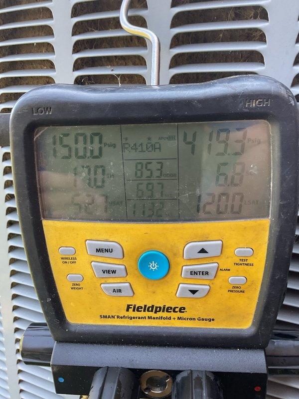 Responded to no cooling complaint on 8-year-old residential air conditioning system. Upon arrival, diagnosed compressor failure to engage. Connected manifold gauges to service ports and tested R410A refrigerant pressures and temperatures using digital diagnostic equipment. System pressures indicated abnormal readings consistent with compressor malfunction. Verified electrical supply to condensing unit, tested capacitor functionality, and confirmed compressor would not start under normal operating conditions. Completed diagnostic testing and provided repair recommendations to restore cooling operation.