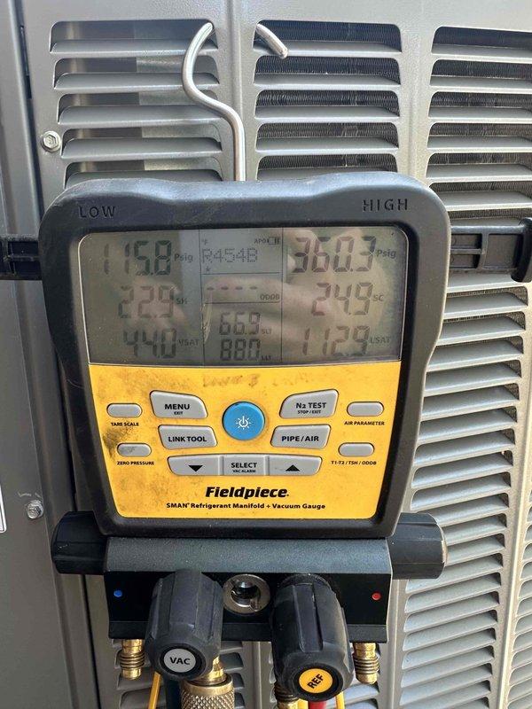 Completed full system installation of a 4-ton Lennox 18 SEER downflow unit with 99% AFUE fully modulating furnace. Installed outdoor condensing unit on concrete pad with protective security cage enclosure and connected to indoor air handler. Performed complete refrigerant charging and system commissioning, verifying proper pressures and temperatures across both high and low sides of the system using calibrated diagnostic equipment. All components tested and operating within manufacturer specifications.