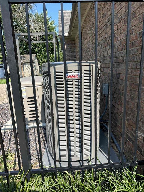 Completed full system installation of a 4-ton Lennox 18 SEER downflow unit with 99% AFUE fully modulating furnace. Installed outdoor condensing unit on concrete pad with protective security cage enclosure and connected to indoor air handler. Performed complete refrigerant charging and system commissioning, verifying proper pressures and temperatures across both high and low sides of the system using calibrated diagnostic equipment. All components tested and operating within manufacturer specifications.