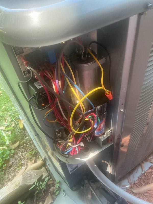Completed scheduled HVAC maintenance tune-up on outdoor condensing unit. Performed comprehensive system inspection, accessing internal components including capacitors, electrical connections, and refrigerant lines. All wiring connections were inspected for proper termination and secure mounting. Delivered 20x20x1 air filters to property as requested, placing them at designated location per customer instructions.