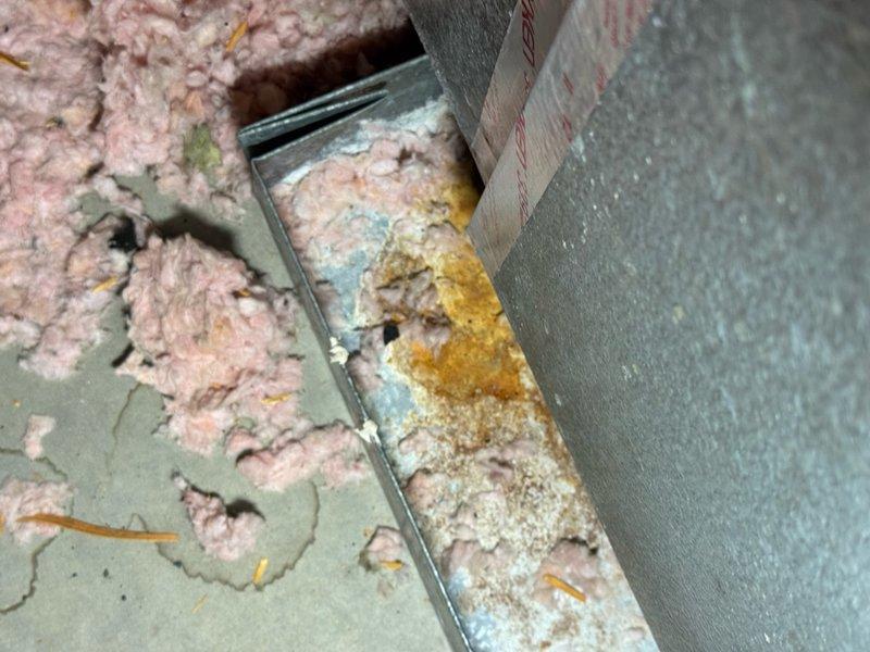 Performed pre-purchase HVAC inspection on two residential units. Inspection revealed normal operational condition of control circuit board with proper wire connections and no visible damage to electronic components. However, discovered moisture damage and possible mold growth at system corner junction where insulation meets metal flashing, with evidence of deterioration and compression of the pink insulation material.