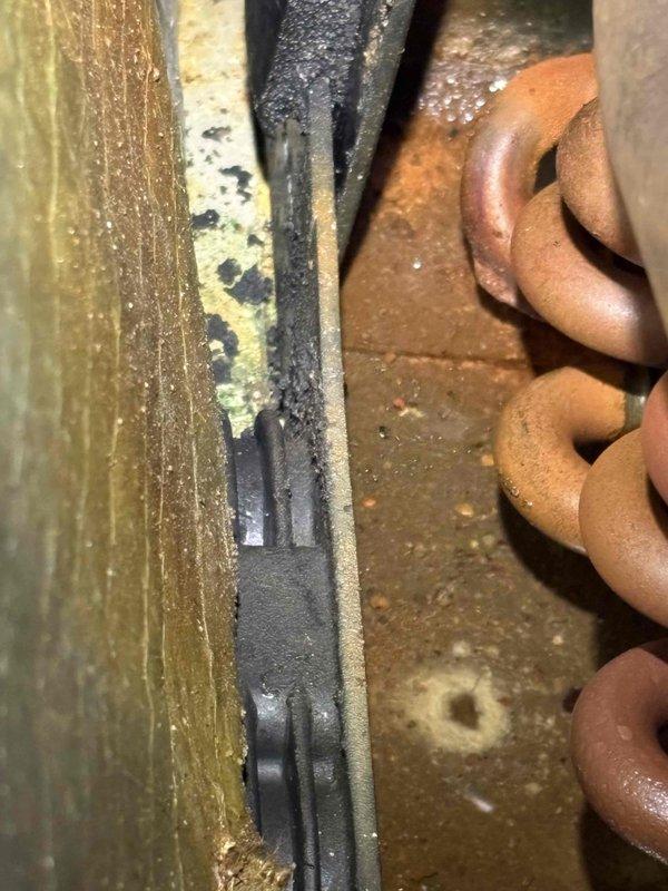 Completed spring maintenance on HVAC system and addressed customer concerns regarding unit leaking. Documented existing corrosion and oxidation on copper refrigerant lines and evaporator coil connections, which show significant deterioration from prolonged moisture exposure. Advised customer that the extensive corrosion visible on piping and coil components indicates advanced age and wear, with moisture accumulation suggesting potential refrigerant leaks that will likely require system replacement in the near term rather than repair.