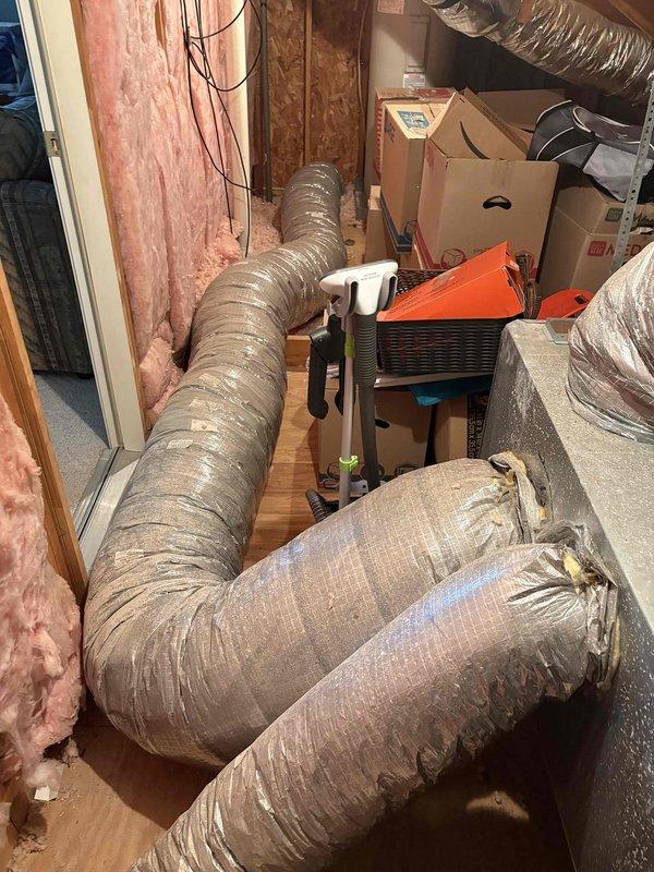 Completed spring maintenance inspection on HVAC system with focus on ductwork and mechanical components in attic space. Examined flexible duct runs, insulation integrity, and overall system accessibility. Documented existing conditions including aged ductwork with surface debris accumulation and verified proper duct support and fastening throughout accessible areas.