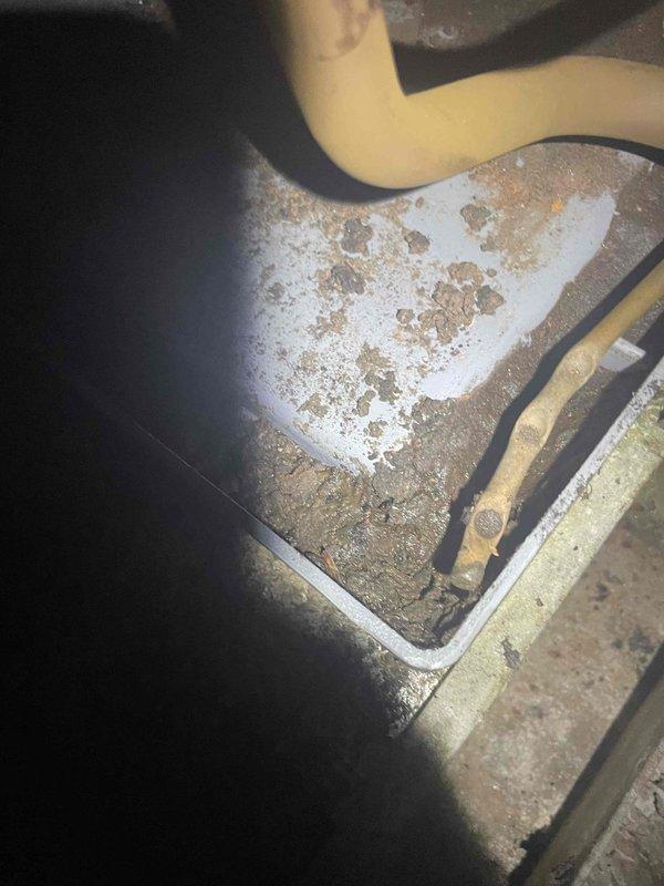 Responded to report of AC line freezing up and unit being inoperable. Upon arrival, unit was off and defrosted as indicated. Conducted diagnostic inspection of system components, including interior evaporator assembly and exterior rooftop equipment. Inspection revealed significant corrosion and deterioration on drainage pan with visible rust spots, mineral deposits, and sediment accumulation indicating chronic moisture exposure and potential drainage issues. Documented condition of condensate management system showing signs of long-term water pooling. Examined exterior rooftop unit connections, refrigerant lines, and electrical components. Black insulated refrigerant line showed age-related wear. Metal fittings and connections displayed weathering and surface corrosion consistent with outdoor exposure. Photographed affected components for documentation purposes. Freeze-up condition likely related to compromised drainage system preventing proper condensate removal, leading to ice format